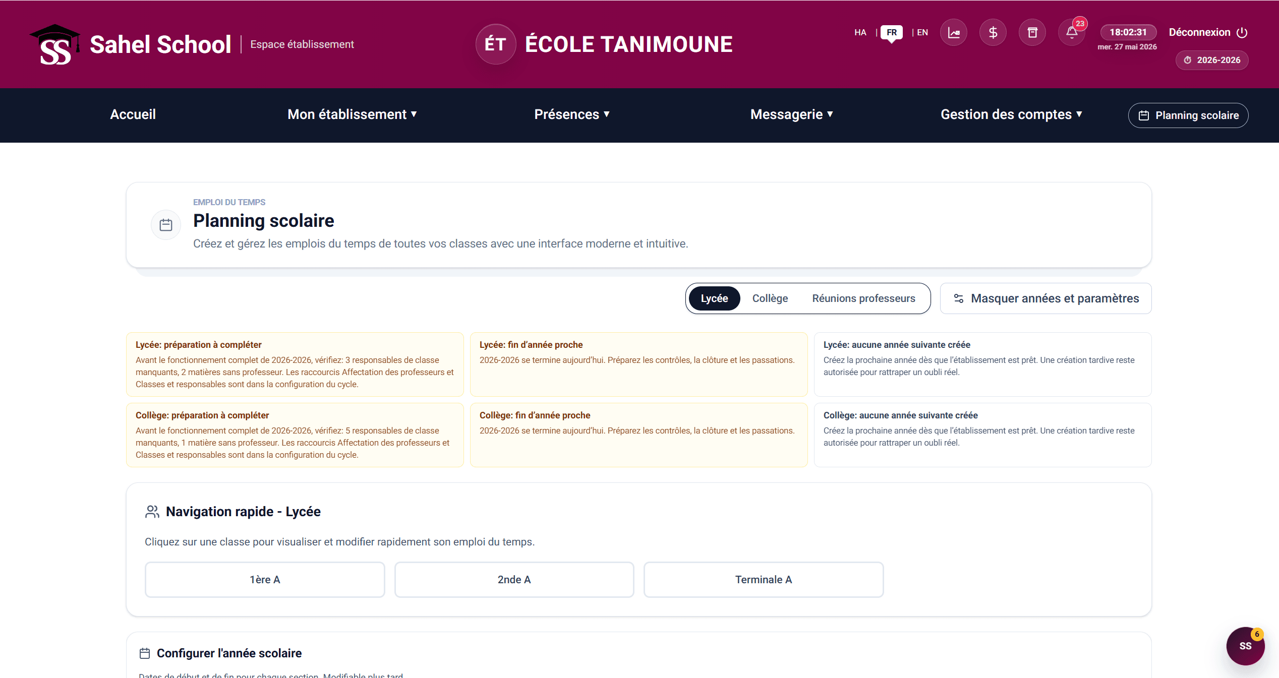 Capture des paramètres de planning scolaire dans Sahel School