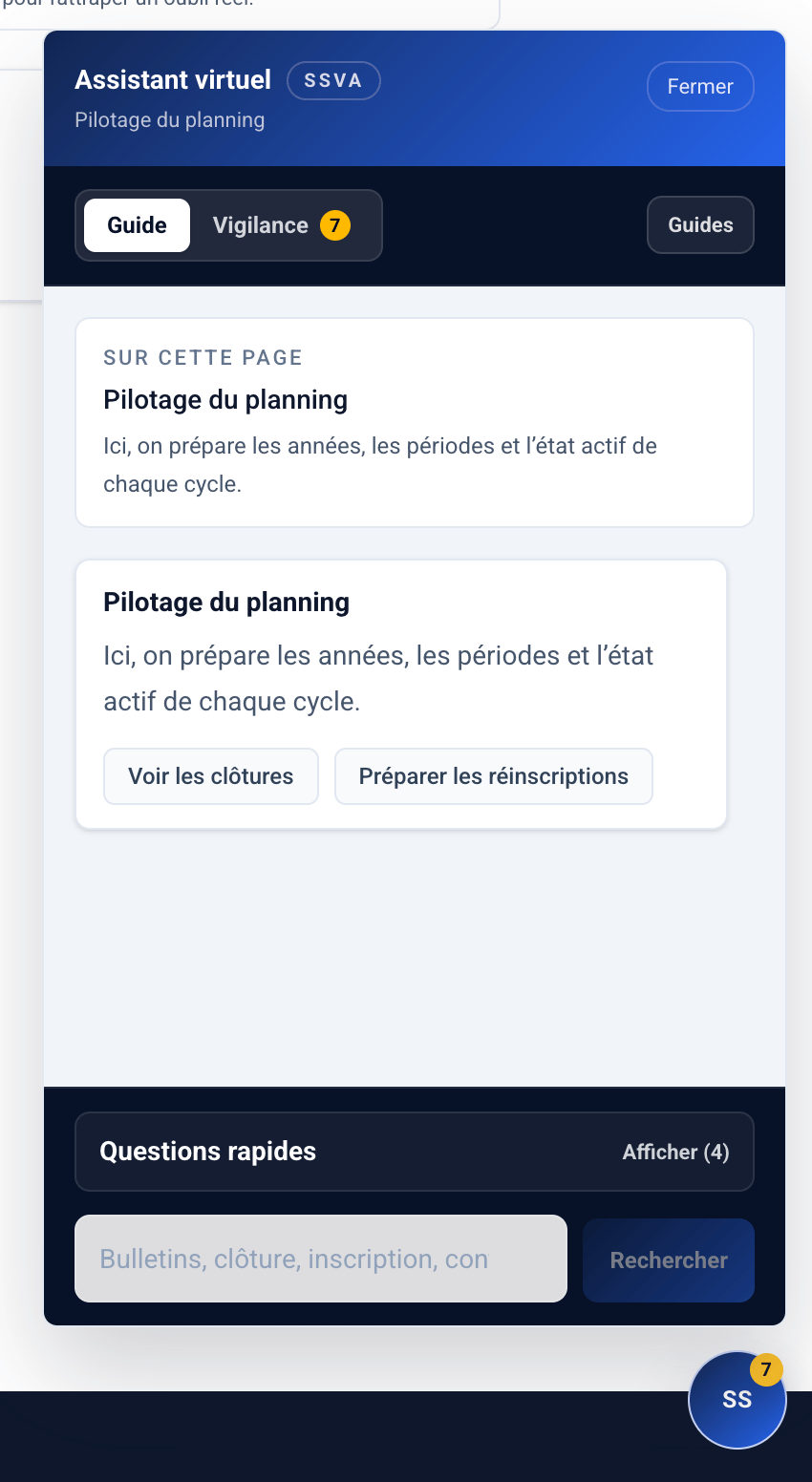 Screenshot of the SSVA virtual assistant in the web admin.