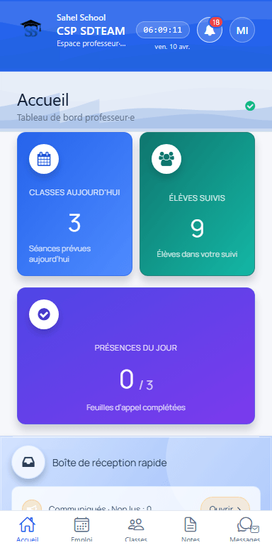 Vue de l’accueil de l’application professeur.